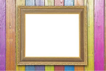 Wood frame colorful ancient style golden photo image frame on background の写真素材