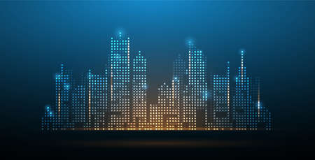Innovative network technology buildings and skyscrapers concept image on glowing blue background.のイラスト素材