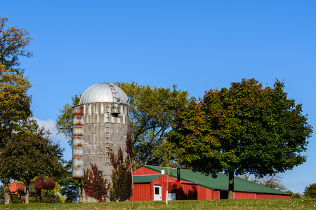 This is an old corn grain silo in a farm in Minnesota.の写真素材