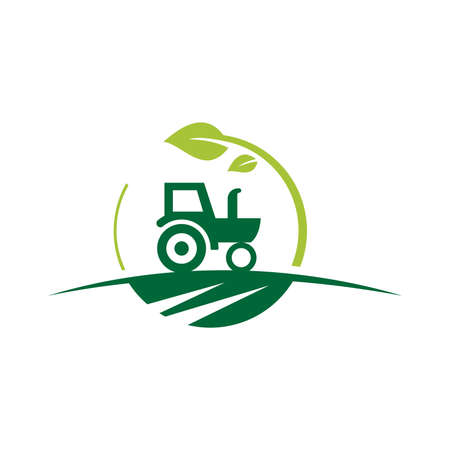 Agriculture and farming with a tractor with cultivator and plow, logo design. Agribusiness, eco-farm and rural country, vector design. Farm industries and agronomy, illustration, Logo for the agricultural industry with tractor and shovel elementsのイラスト素材
