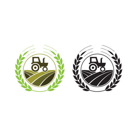Agriculture and farming with a tractor with cultivator and plow, logo design. Agribusiness, eco-farm and rural country, vector design. Farm industries and agronomy, illustration, Logo for the agricultural industry with tractor and shovel elementsのイラスト素材