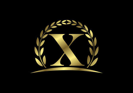 Golden letters X  with a golden laurel wreath. English alphabet, vector illustrationのイラスト素材
