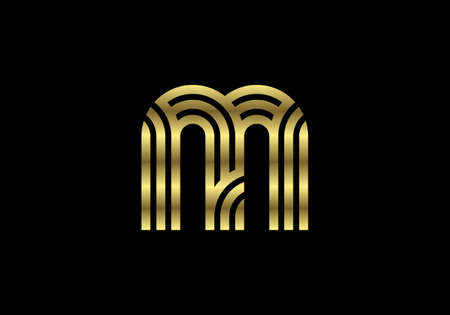 Golden Capital Lines Letter M. Creative Line Letters Design, Graphic Alphabet Symbol For Logo, Poster, Invitation. Vector Illustrationのイラスト素材