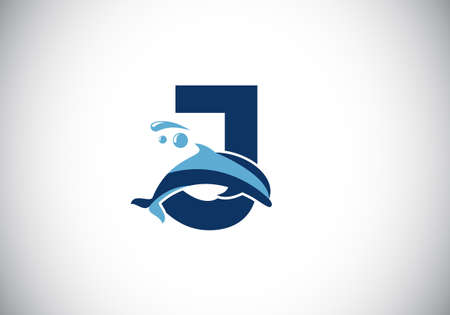 Initial J monogram letter alphabet with a Dolphin logo design. Water Animal icon. Font emblem. Modern vector logotype for business and company identity.のイラスト素材