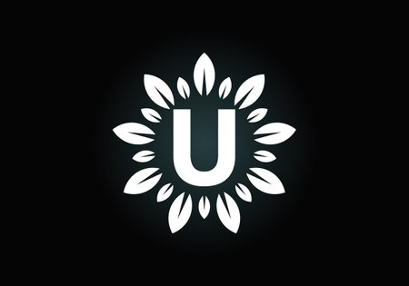 Initial U monogram letter alphabet with leaf wreath. Green leaf, flower design concept. Modern vector design for business, and company identity.のイラスト素材