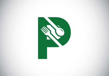 Initial P monogram alphabet with a fork, spoon. Font emblem. Modern vector logo for cafe, restaurant, cooking business, and company identityのイラスト素材