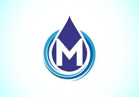 Initial M  monogram alphabet with water drop in a spiral. Water drop logo design vector template. Font emblem. Modern vector logo for business and company identityのイラスト素材