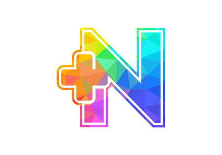 Initial N monogram alphabet with a plus sign. Low poly art style. Font emblem. Modern vector for medical or health business, and company identityのイラスト素材