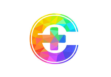 Initial C monogram alphabet with a plus logo sign. Low poly art style. Font emblem. Modern vector logo for medical or health business, and company identityのイラスト素材