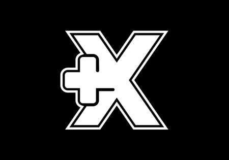 Initial X monogram alphabet with a plus logo sign white in black background. Font emblem. Modern...