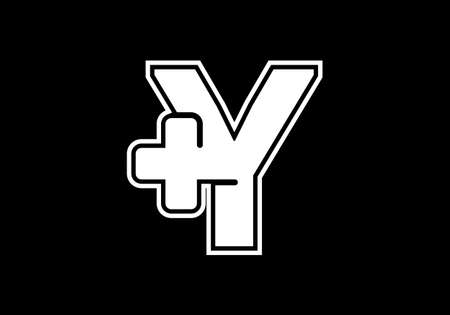 Initial Y monogram alphabet with a plus logo sign white in black background. Font emblem. Modern vector logo for medical or health business, and company identityのイラスト素材