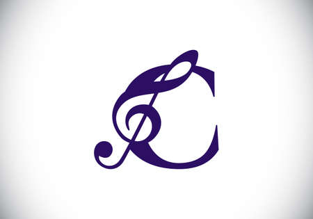 Initial C monogram alphabet with a musical note. Symphony or melody signs. Musical sign symbol. Font emblem. Modern vector logo design template.のイラスト素材