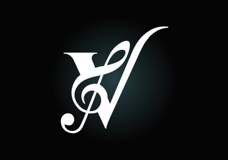 Initial V monogram alphabet with a musical note. Symphony or melody signs. Musical sign symbol. Font emblem. Modern vector logo design template.のイラスト素材