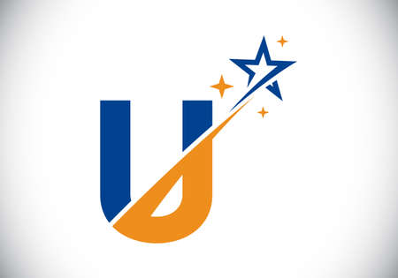 Initial U monogram letter alphabet with swoosh and star logo icon. Abstract star logo sign symbol design. Modern vector logo for business and company identity.のイラスト素材