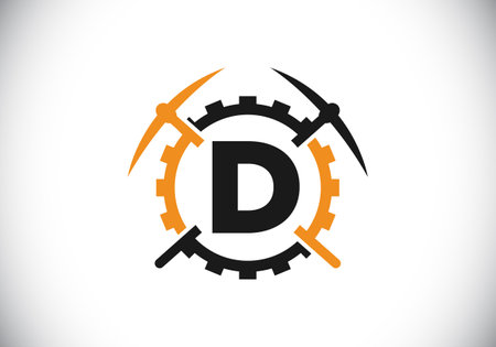 Initial D monogram letter alphabet with pickaxe and gear sign. Mining logo design concept. Modern vector logo for mining business and company identity.のイラスト素材