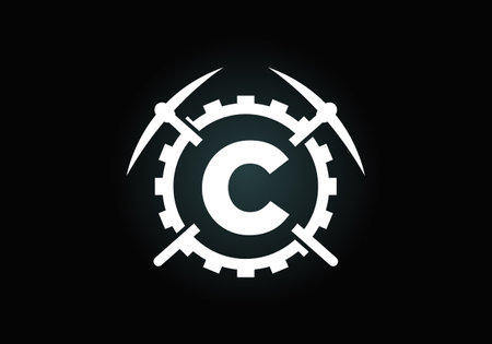 Initial C monogram letter alphabet with pickaxe and gear sign. Mining logo design concept. Modern vector logo for mining business and company identity.のイラスト素材
