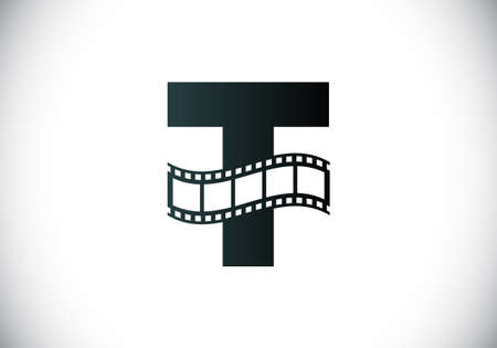 Initial T monogram alphabet incorporated with film reel. Video and movie logo concept. Font emblem. Logo for the entertainment business and company identityのイラスト素材