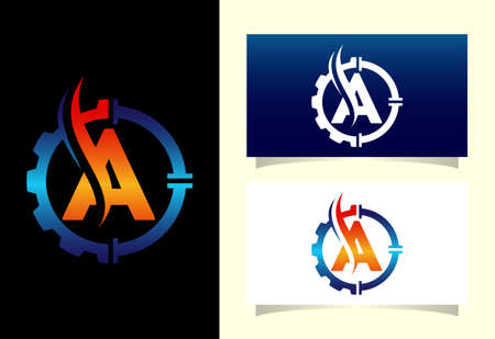Initial A monogram alphabet with gear pipe and flame. Oil and gas logo concept. Font emblem. Modern vector logo for petroleum business and company identityのイラスト素材