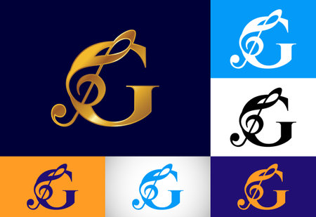 Initial G monogram alphabet with a musical note. Symphony or melody signs. Musical sign symbol.のイラスト素材