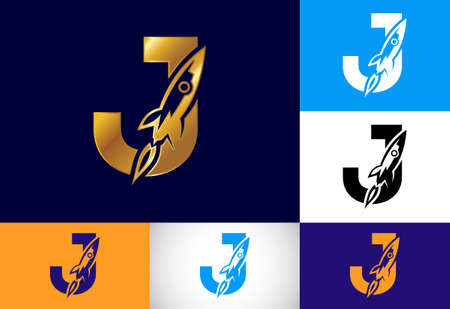 Initial J monogram letter alphabet with a Rocket logo design. Rocket icon. Font emblem. Modern vector logo for business and company identity.のイラスト素材