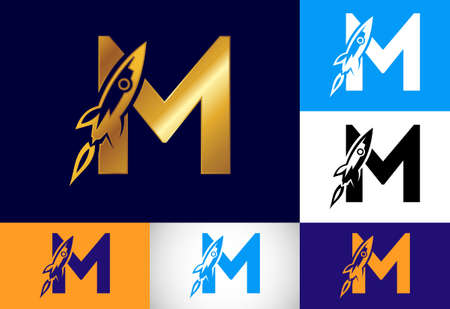 Initial M monogram letter alphabet with a Rocket logo design. Rocket icon. Font emblem. Modern vector logo for business and company identity.のイラスト素材