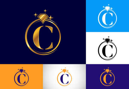 Initial C monogram letter alphabet in a circle with Diamond. Diamond Ring Logo. Jewelry logo design concept. Modern vector logo for business and company identity.のイラスト素材