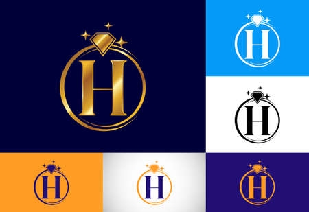 Initial H monogram letter alphabet in a circle with Diamond. Diamond Ring Logo. Jewelry logo design concept. Modern vector logo for business and company identity.のイラスト素材