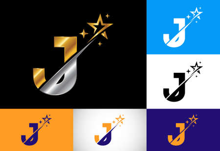 Initial J monogram letter alphabet with swoosh and star logo icon. Abstract star logo sign symbol design. Modern vector logo for business and company identity.のイラスト素材