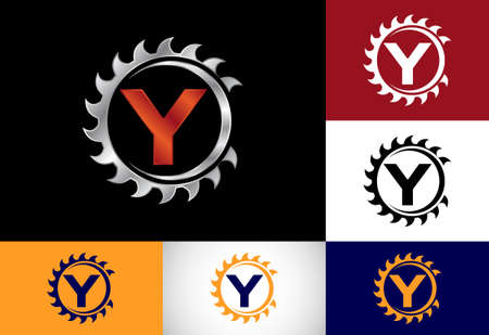 Initial Y monogram alphabet with the saw blade. Carpentry, woodworking logo design. Font emblem. Modern vector logo for sawmill business and company identityのイラスト素材