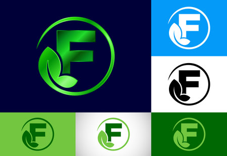 Initial F monogram alphabet with leaf. Eco-friendly logo concept. Font emblem. Modern vector logo for ecological business and company identityのイラスト素材