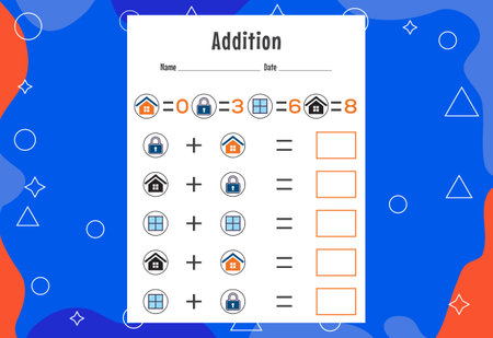 Addition with different elements for kids. An educational page for kids. Vector designのイラスト素材