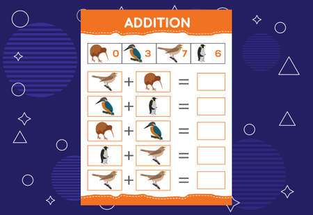 Addition with different birds for kids. An educational worksheet for kids. Vector designのイラスト素材