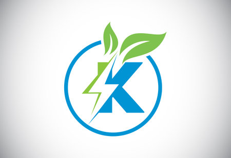 Initial K letter thunderbolt leaf circle or eco energy saver icon. Leaf and thunderbolt icon concept for nature power electric logoのイラスト素材