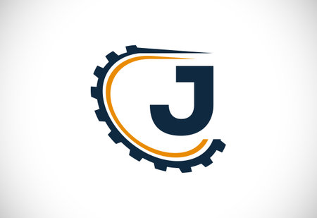 Initial J alphabet with a gear. Gear engineer logo design. Logo for automotive, mechanical, technology, setting, repair business, and company identityのイラスト素材