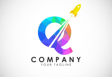 Polygonal alphabet Q with a Rocket logo design. Rocket icon. Low poly graphic alphabet symbolのイラスト素材