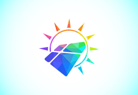Abstract polygonal sun logo design, Solar sunburst icon. Geometric triangle shapesのイラスト素材