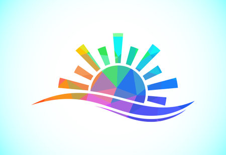 Abstract polygonal sun logo design, Solar sunburst icon. Geometric triangle shapesのイラスト素材
