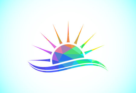 Abstract polygonal sun logo design, Solar sunburst icon. Geometric triangle shapesのイラスト素材