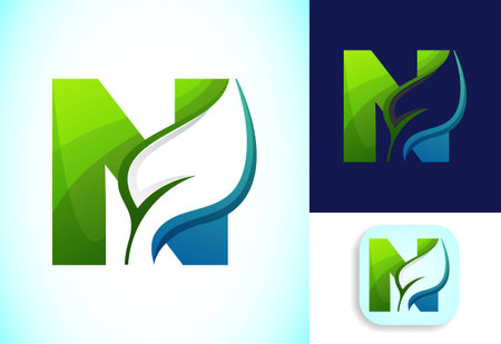Letter N with negative space leaf logo vector template. Gradient logo designのイラスト素材