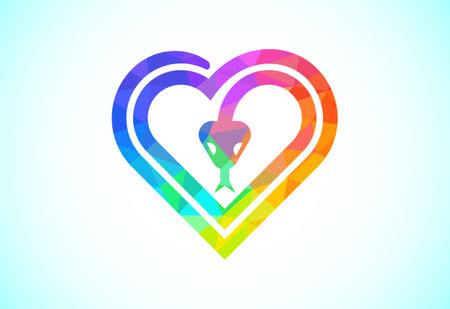 Low poly style snake and heart logo design template. Snake heart logo sign symbol iconのイラスト素材