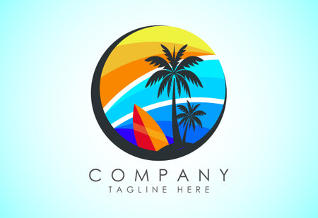 Beach logo design. Sun sunset sunrise with beach ocean sea water logo icon.のイラスト素材