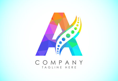 Polygonal A alphabet with chiropractic spine logo. Low poly style spinal care icon for business and company identity.のイラスト素材