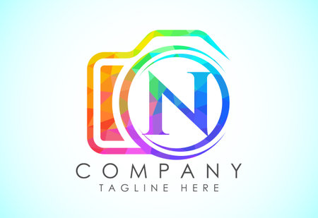 English alphabet N with a camera icon. Low poly style logo for photography business, and company identityのイラスト素材