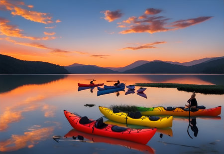 Picturesque sunset over a serene lake, with colorful kayaks scattered along the shoreの素材