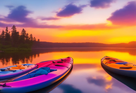Picturesque sunset over a serene lake, with colorful kayaks scattered along the shoreの素材