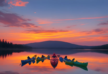 Picturesque sunset over a serene lake, with colorful kayaks scattered along the shoreの素材