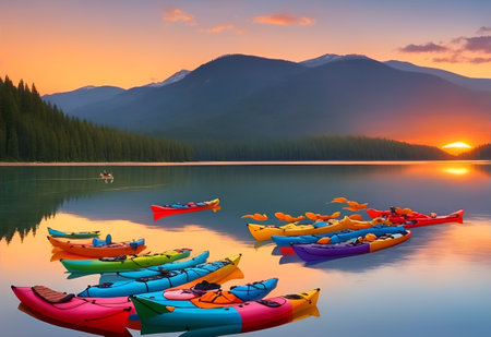 Picturesque sunset over a serene lake, with colorful kayaks scattered along the shoreの素材