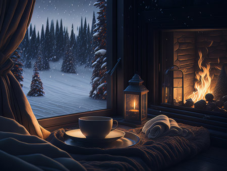 A moment by the fireside, with a cup of cocoa, and a view of snowflakes falling outside the windowの素材
