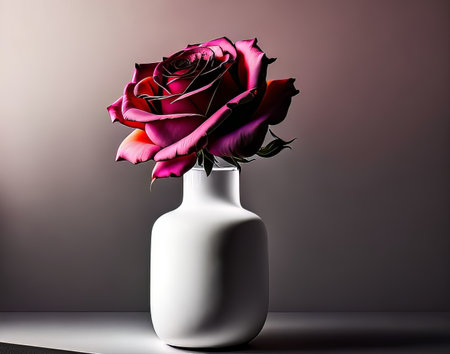 Minimalist modern image of a single rose in a sleek vase with dramatic lighting.の素材