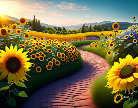 An image of sunflower garden with a winding stone path.の素材